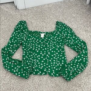 Anthropologie Green Floral Square-Neck Blouse